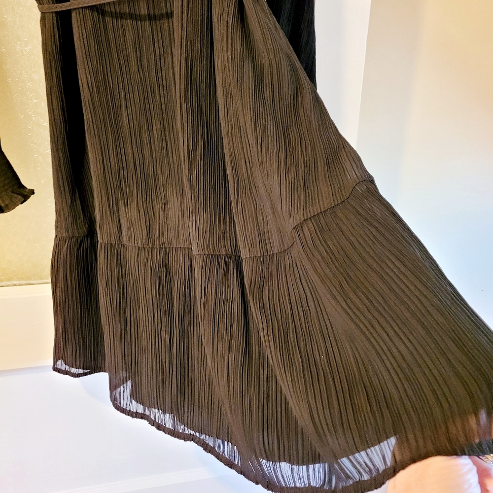 🍀❤️ NWT-LOFT-Midi Dress-Waist Sash-Long See Through- Sleeves Finely Pleaded-L - Picture 5 of 7